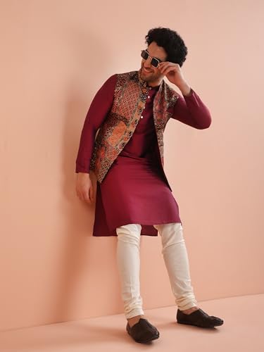 Image of KISAH Men's Ethnic Wear Regular Fit Cotton Blend Printed Kurta Churidar and Jacket Set