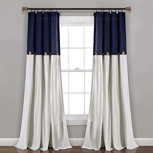 Lush Decor, Navy/White Linen Button Window Curtain Single Panel, 95" x 40"