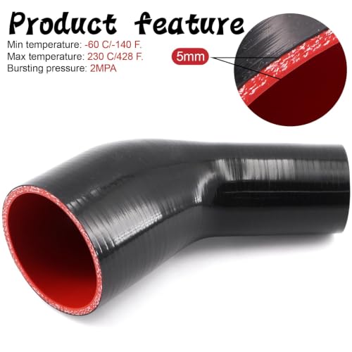 Image of High Performance 45 Degree ID 2 to 3 inch(51-76mm) Elbow Silicone Coupler Hose Reducer, 4-Ply Reinforced Wall Thickness 5mm Length 4 inch for Turbo /Intercooler /Intake Pipe with 2 T-Bolt Clamps