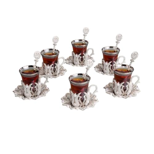 LaModaHome Turkish Tea Set/Turkish Tea Cups of 6 with Spoons, Saucers and Holders - Fancy Vintage Handmade Glass Tea Set, Glass Tea Cup, Gift, Teatime/Gift Set