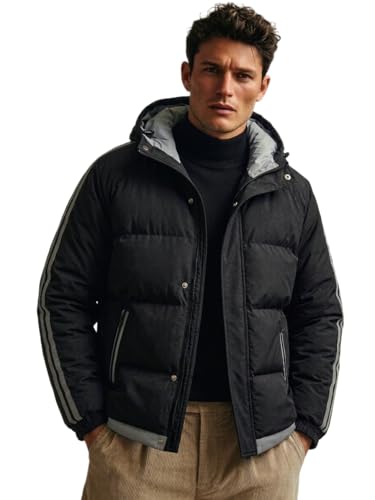 Image of Blaq Ash Men's Hooded Puffer Jacket, Black with Grey Stripe Detail, Quilted Winter Coat