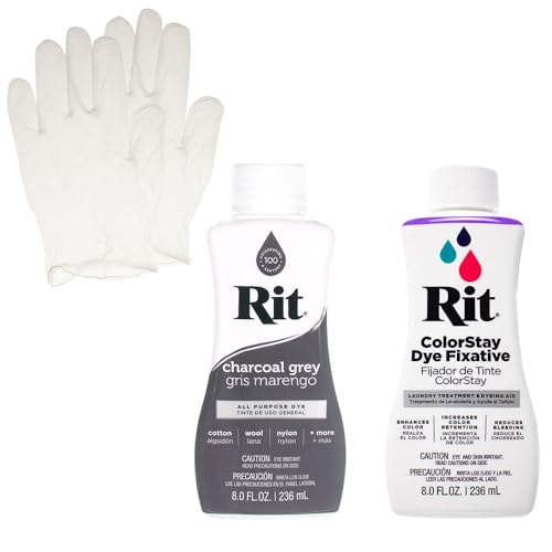 Rit Liquid Dye with ColorStay Fixative Bundle – All in One Kit with Gloves to Reduce Color Bleed (Charcoal Gray)