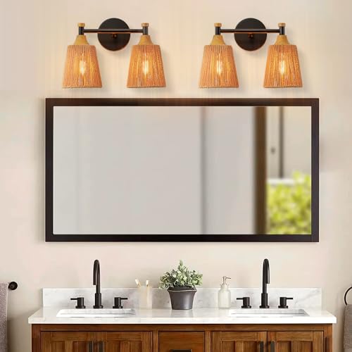 Image of 2-Light Boho Vanity Light Fixtures, Farmhouse Bathroom Light Fixtures Over Mirror, Rustic Rattan Vanity Lighting with Hand-Woven Lampshade for Bedroom Living Room Bathroom Restroom Hallway