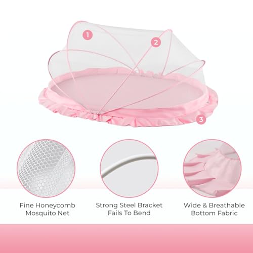 Image of SafeMyles Foldable Baby Mosquito Net with Bed | Soft & Breathable Polyester Mesh with Elegant Round Frill | Ideal for Newborns, Infants & Toddlers (Pink, 90x50x50 cm)
