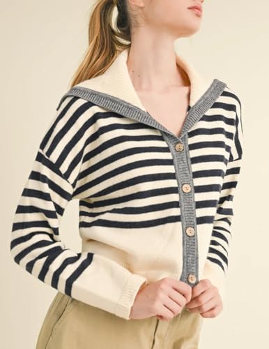 Ladyful Women's Cropped Striped Cardigan Sweater Long Sleeve Collar Button Down Loose V Neck Outerwear Coats3