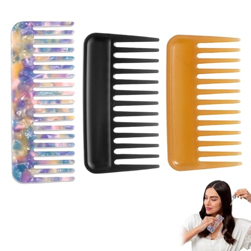 Peine de dientes anchos, 3 piezas, peine de dientes anchos para ondas, dientes grandes e irrompibles, peine ancho adecuado para mujeres con estilos de pelo rizado o largo (color negro amarillo)
