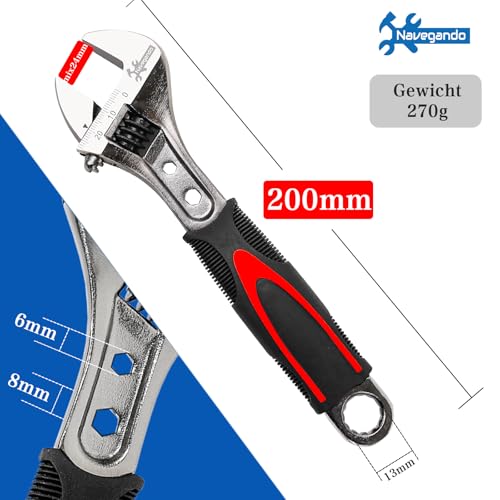 Image of Navegando 8 Inch Adjustable Wrench, Drop Forged High Carbon Steel, 6-24mm Jaw Opening, Non-Slip Grip for Home DIY & Daily Maintenance (200mm)