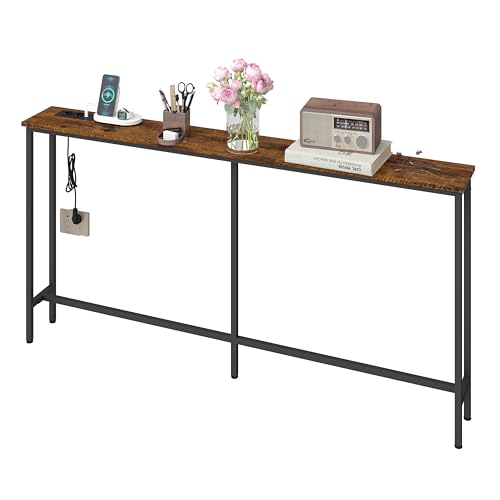 Amveya Mueble Recibidor Estrecho, Mesa Auxiliar Sofa, Recibidor Entrada de Estilo Industrial con 2 enchufes y 2 interfaces USB(160 x 20 x 80.5 cm)