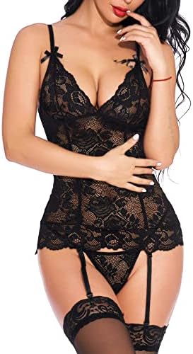 Ensemble Lingerie Femme EVELIFE - Teddy Body Dentelle Col V, Porte-Jarretelles Et G-String Sexy