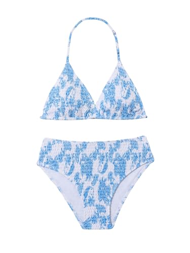 Image of RoseSeek Girl's 2 Piece Swimsuits Tie Dye Smocked Triangle Halter Cute Bikini Set High Waisted Bathing Suit Blue 13Y