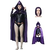 Ladhow Raven Cosplay Costume Black Jumpsuit Purple Cape Wig Belt Stockings Suit Halloween (Kid-150)