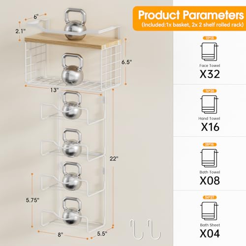 Towel Racks for Bathroom,Towel Rack Wall Mounted, 6 Tier Rolled Or Folded Towel Holder with Floating Shelves, Bathroom Towel Holder for Bath, Hand Towels,White,Walnut Wood Panel