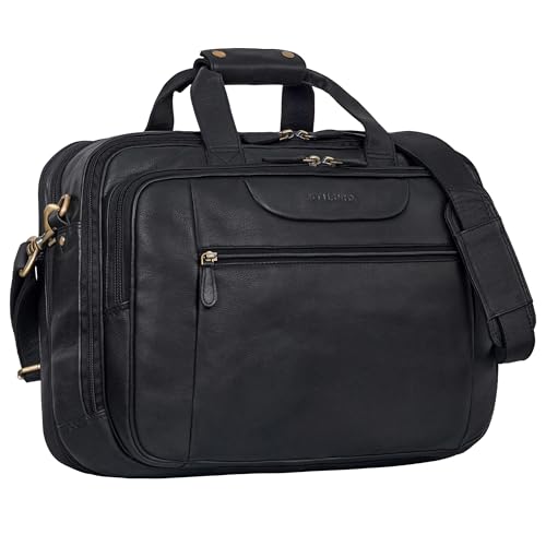 Maletín portátil hombre piel 17 pulgadas, bolso trabajo y negocios extensible, negro