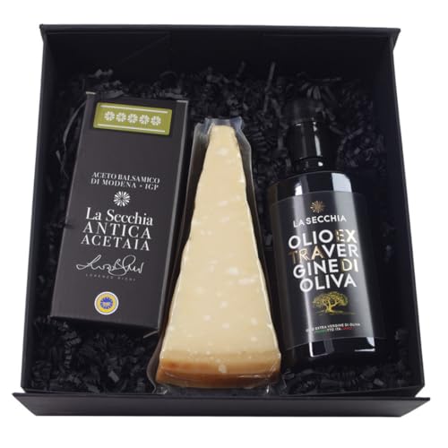 LA SECCHIA - La Secchia – Coffret gourmand, Panier gastronomique, Huile d’olive extra vierge, Vinaigre balsamique de Modène IGP, Parmesan Reggiano, Coffret gourmet de produits typiques italiens,Sac en cadeau
