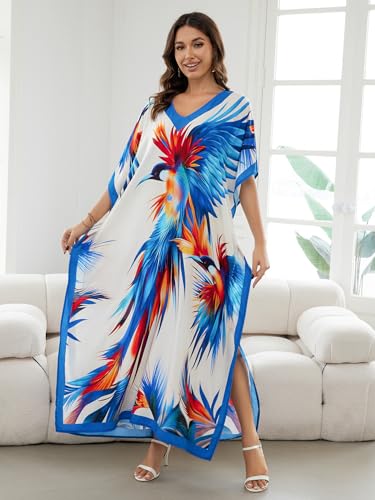 Image of IMAGEKOPE Women's Plus Size Loose Fit Moroccan Print V-Neck Batwing Kaftan Beach Dress Bathing Suit Cover Up