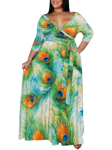 Image of SUZONANA Plus Size Maxi Dresses for Curcy Women Casual Loose 3 /4 Sleeve Long Dress with Belt