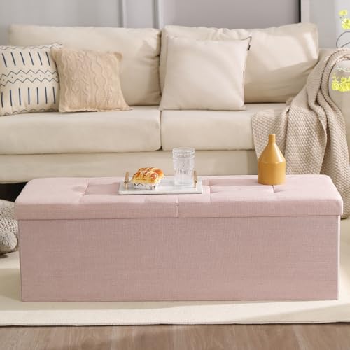 Image of Storage Ottoman Bench Foldable Footrest Foot Stool, 45 inch Fabric Pink | Small Ottoman Foot Rest Seat Shoe Bench Flip-Top forliving Room End of Bed Bedroom Couch Dorm 166L Folding Upholstered Chair