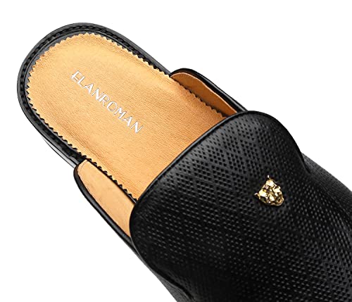 Image of ELANROMAN Men's Backless Loafers Black Genuine Leather Mules Slippers Slip on Shoes
