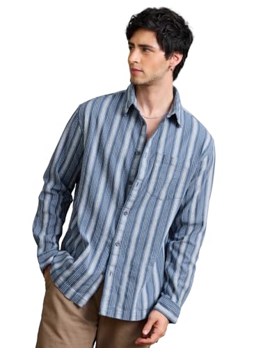 Image of The Souled Store Striped Shirt: Lagoon Men and Boys Long Sleeve Spread Collar Blue Textured Cotton Lightweight Easy to Style Everyday Office Wear Casual Relaxed Shirt
