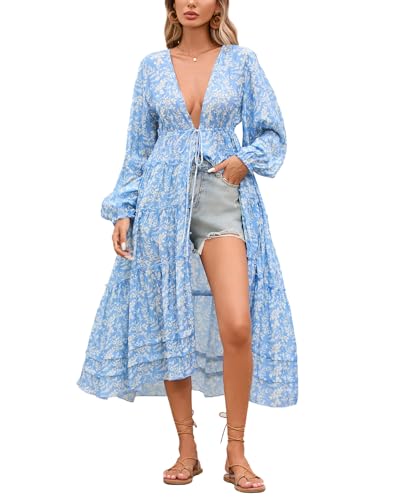 Image of Women's Boho Floral Midi Dress Long Sleeve V Neck Button Down Tie Dresses Summer Casual Loose Outfits Beach Cover Ups Blue
