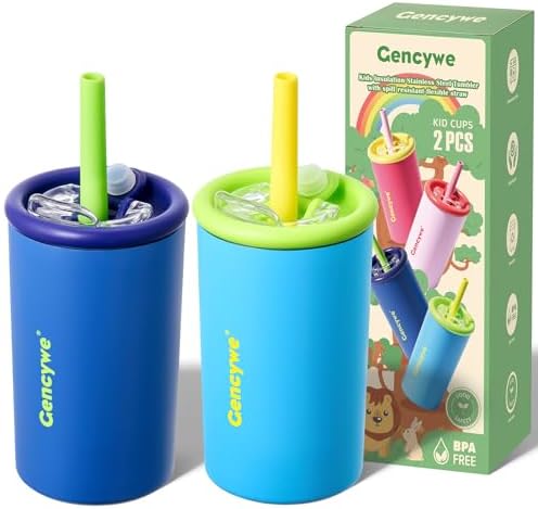 Gencywe 2 PACK Kids Double Walled Stainless Steel Cups with Straw...