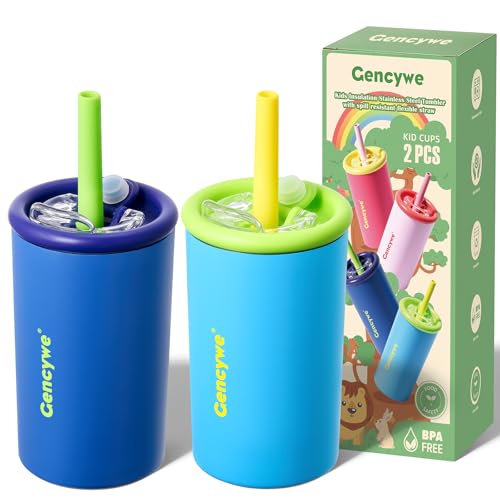 2 PACK Kids Double Walled Stainless Steel Cups with Straws and lids | 12 oz Spill-Proof Sippy Smoothie Tumbler Set, Small Kids Snack & Drink Water Cups, BPA-Free, with Box