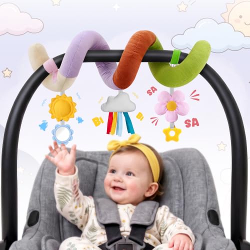 Image of Stuffed Spiral Baby Car Seat Toys, Best Newborn Shower Gifts, Soft Infant Essentials Must Have Stroller Hanging Toys (Vibrant Nature)