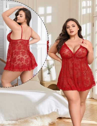 Avidlove Plus Size Sexy Lingerie for Women Sheer Chemise Burgundy Red Large - image 3