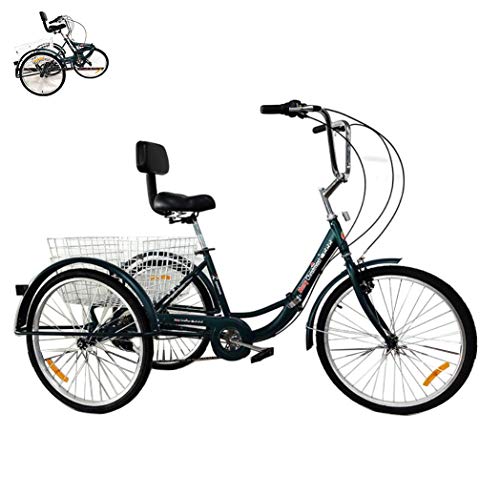 Triciclo Bicicleta de 3 Ruedas para Adultos, Triciclo Plegable de 24 '' con Cesta de la Compra, Bicicleta de Pedal Humano, Triciclo Viejo de 7 velocidades, Bicicletas para Mujer,de Carga de 150 kg