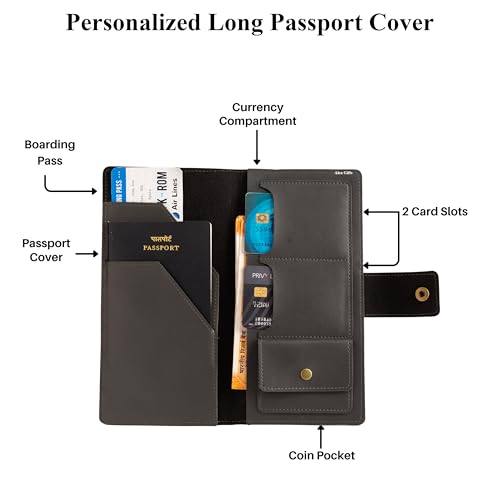 Image of AICA Personalized Name & Charm Long Leather Wallet Passport Cover with Passport, Boarding Pass, Currency, Card Slot & Coin Holder for Men & Women (Grey) | Customised Gifts for Men Women