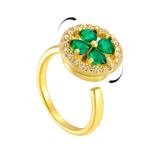 Round CZ Heart Clover Leaf Rotating Statement Ring for Women Gold Plated Adjustable Expandable 4 Leaves Open Wrap Anxiety Rings Comfort Fit Dainty Wedding Holiday Anniversary Jewelry Gift