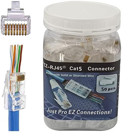 PETECHTOOL RJ45 CAT5 CAT5e Connector 50-Pack - End Pass Through Ethernet 8P8C GoldPlated Modular Plug