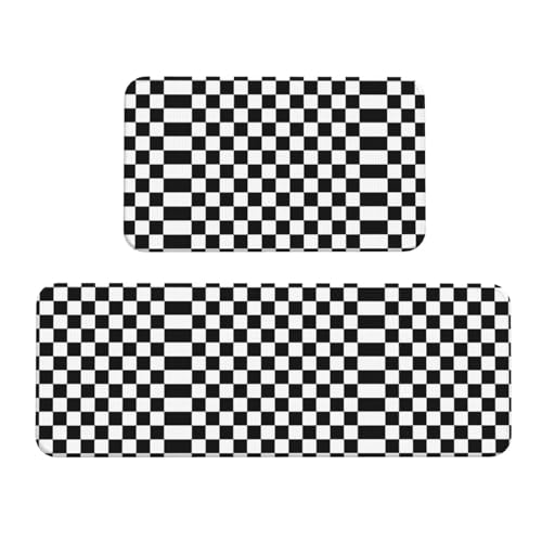 Schwarz-weiß karierte Küchen-Bodenmatte, 2 Sets – Stehschreibtisch-Wäscheteppich, perfekt für Heimdekoration, Badezimmer, Fußmatte