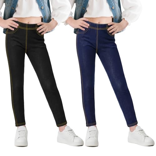 Baogaier Mädchen Leggings Jeans-Optik Jeggings, 2er-Pack, Kinder Atmungsaktiv Elastisch Weich Lang Hose mit Taschen Alltag Schule Hosen Freizeitkleidung, Gr.116-122, Schwarz & Marineblau