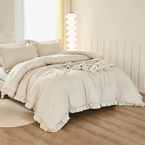Litanika Full Comforter Set Beige, 3 Pieces Ruffle Farmhouse Aesthetic Bedding Comforter Set, Lightweight Fluffy Microfiber Bed Set (79X90In Comforter, 2 Pillowcases) #TOP3