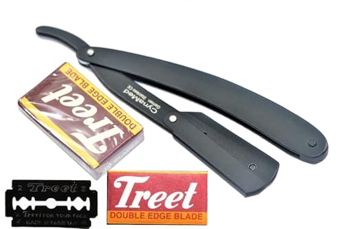 GERMAN STAINLESS PROFESSIONAL BARBER HAIR SHAVING STRAIGHT FOLDING RAZOR W/ 10 TREET BLADES (CYNAMED)