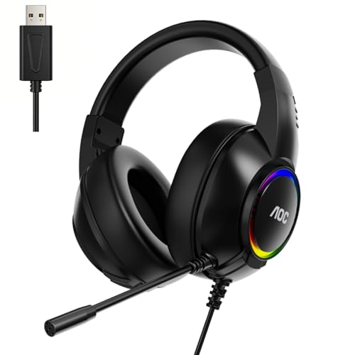 AOC Gaming Headset, Black Wired Gaming Headphones with 50mm Drivers, RGB USB Corded Headphone for...