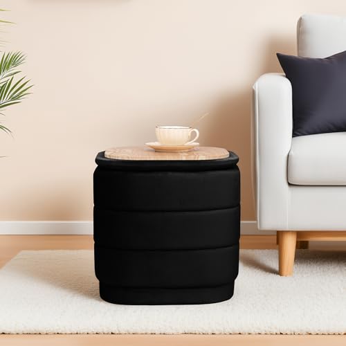 Image of 15 inch Velvet Storage Ottoman with Tray, Foldable Square Ottoman Footrest with Reversible Wood Lid, Collapsible Storage Footstool for Bedroom, Living Room, Dorm, Black