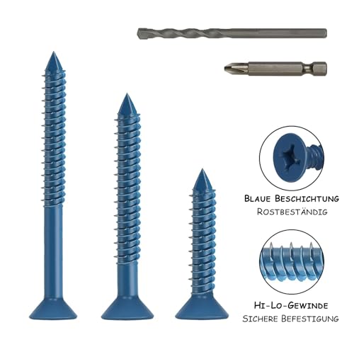 DAYALO Betonschrauben Senkkopf mit Kreuzschlitz M5,5 x 45, 30 Stück Betonschraube Verzinkt mit Bohrer und Schrauberbit für Mauerwerk, Beton, Architektur, Industrie (Blau)
