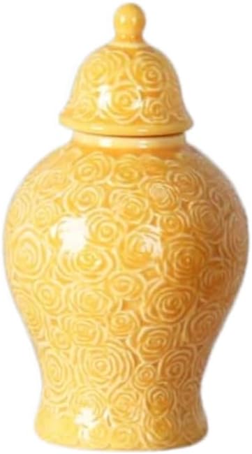 Small Ceramic Ginger Jar with Lid, 6 Inch Yellow Ginger Jar Vase for Home Decor, Mini Porcelain Vase with Embossed Rose Design, Ideal for Office Table Bookshelf Decor, Wedding & Housewarming Gift