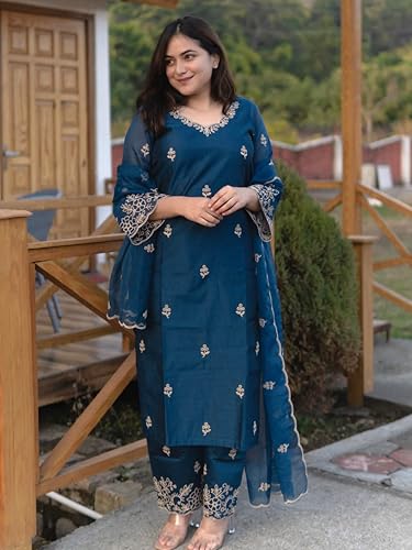 Image of Royal Export Women's Kurta Set | Viscose Silk Floral Embroidered Straight Kurta Pant Dupatta Set Kurta Sets for Women | Ladies Kurta Set (RX60-P)