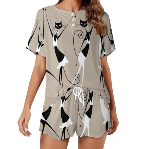 Pyjama femme chat dansant ensemble léger manches courtes contre la chaleur