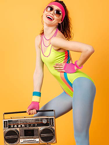 Blulu 80s Fancy Dress Costume Accessories Lace Headband Earrings Fishnet Gloves Necklace Bracelet for 80s Retro Party