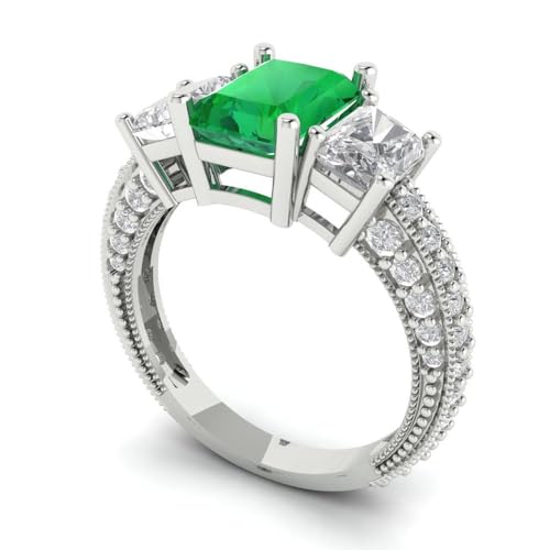 3.61 ctw Emerald Cut Solid Gold Engagement Ring for Women - 14K White Gold - Simulated Emerald Wedding Promise Ring for Her2