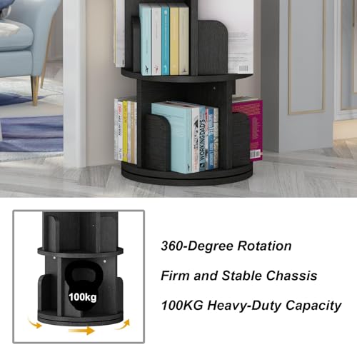 Rotating Bookshelf, 4-Tier Bookcase Storage Rack for Kids & Adults, Corner Spinning Book Shelf for Small Space, Wood Revolving Bookcase Organizer for Bedroom, Living Room, Black