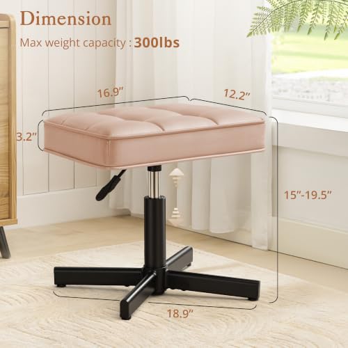 Image of LUE BONA Adjustable Vanity Stool, 15''-19.5'' Foot Rest Under Desk, 360 Swivel Vanity Chair for Makeup Room, Rose Gold Upholstered Faux Leather Ottoman for Bathroom & Living Room, 300lbs