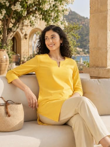 Image of SAADAA Airy Linen Split Neck Short Kurta for Women | Casual & Office Wear | 3 /4 Sleeves, Comfortable Fit | Elegant Top | Lightweight & Breathable Fabric |