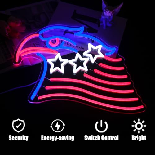 Image of Patriotic Eagle Flag Neon Sign USA Stars and Stripes Light for Wall Decor | Dimmable 4th of July Neon Sign, Acrylic Eagle LED Neon Lights for Bedroom, USB Powered, Memorial Day American Eagle Day Decor
