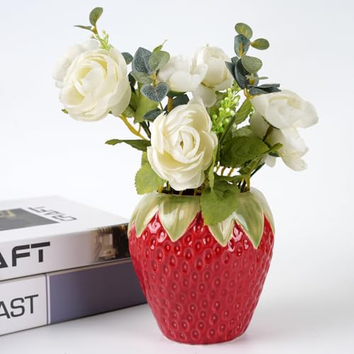 Sixbaola Ceramic Strawberry Vase Cute Fresh Flowers Vases Small Fruit Vases for Strawberry Party Kitchen Decor(Red)