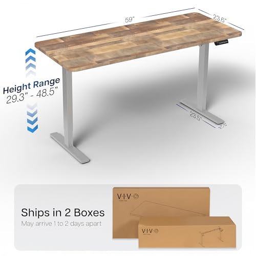 Image of VIVO Reclaimed Wood 60 x 24 in Standing Desk, DESK-KIT-1G6P | Electric, Holds 220 lbs, Sit Stand, Height Adjustable, Solid One-Piece Table Top, Memory Presets, 1B Series, Gray Frame